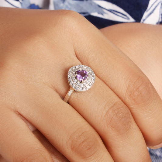 925 Sterling Silver Natural Amethyst Halo Ring – Elegant February Birthstone for Calm & Clarity