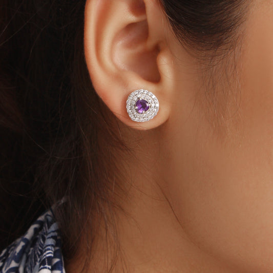Elegant Natural Amethyst Stud Earrings – 925 Sterling Silver Round Halo Design Sparkling Gemstone Jewelry for Women
