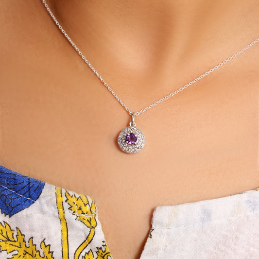 Elegant Natural Amethyst Halo Pendant Necklace in Sterling Silver – Symbol of Peace, Protection & Inner Strength