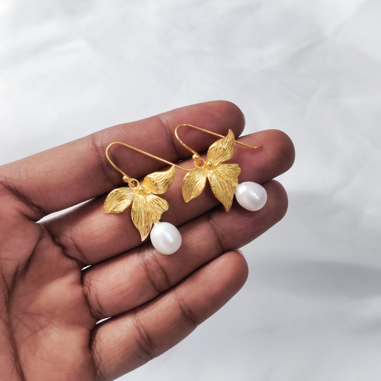 Gold Plated 925 Sterling Silver Pearl Drop Orchid Flower Earrings