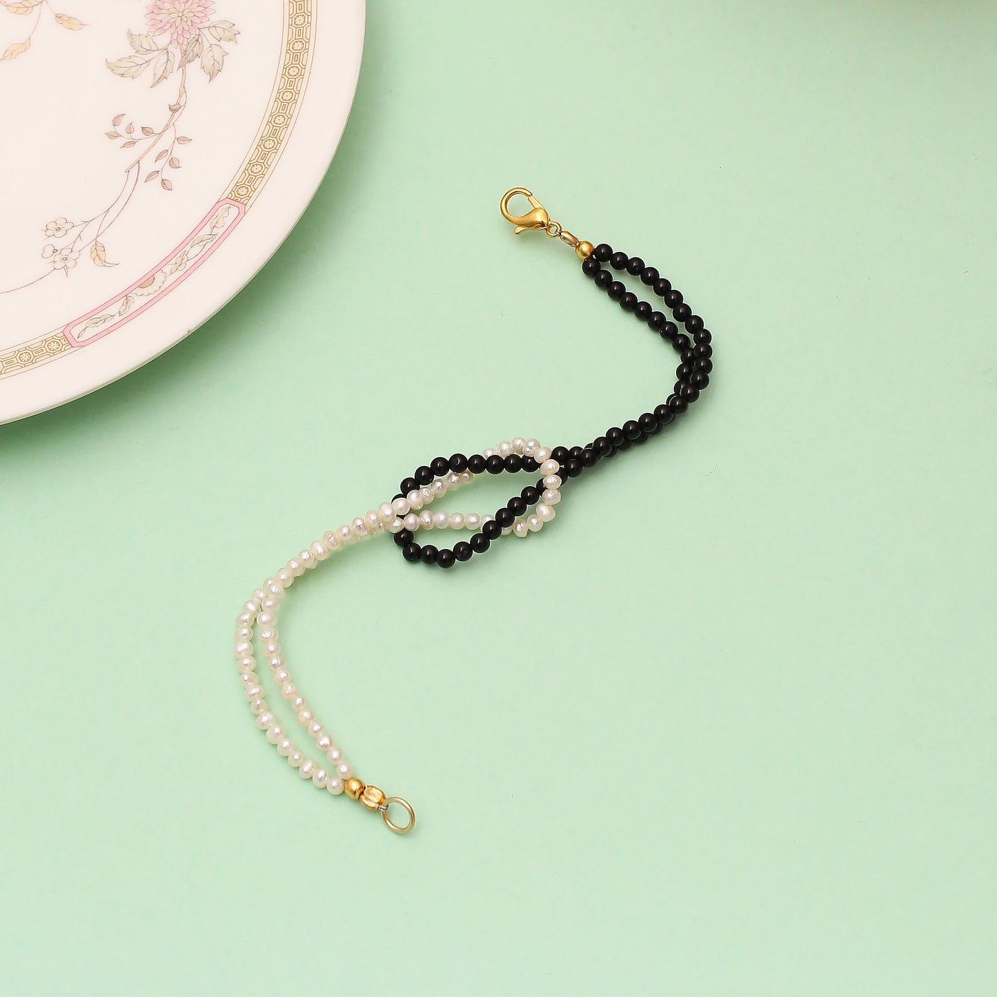 Pearl & Black Onyx Knot Beaded Bracelet - Balance & Protection