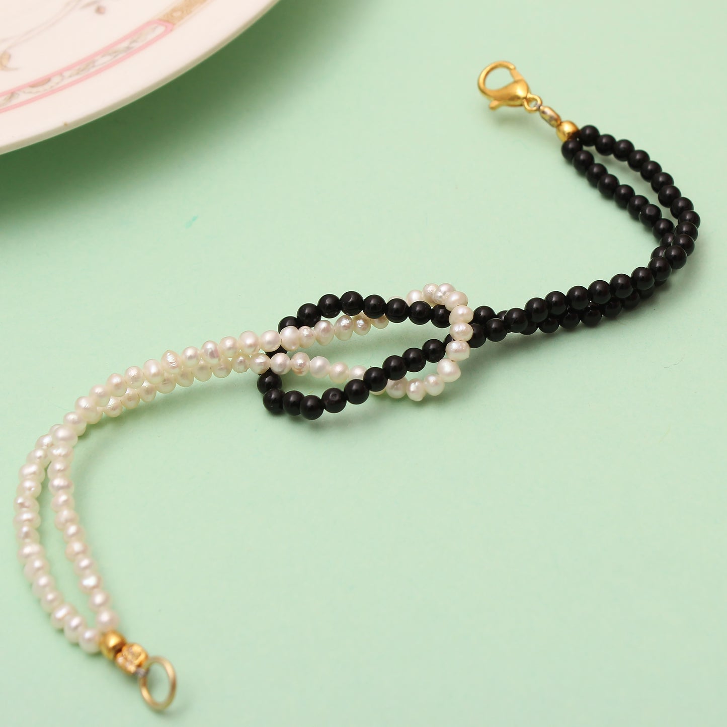 Pearl & Black Onyx Knot Beaded Bracelet - Balance & Protection