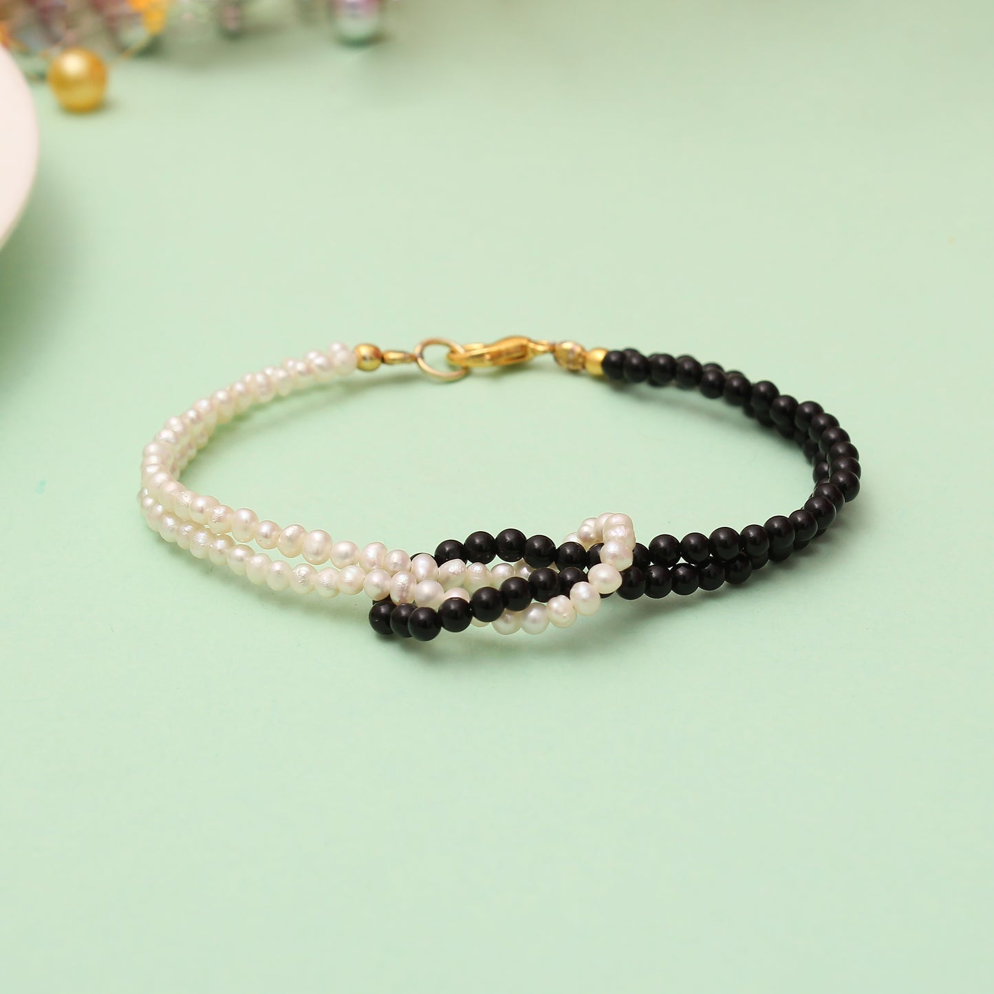 Pearl & Black Onyx Knot Beaded Bracelet - Balance & Protection