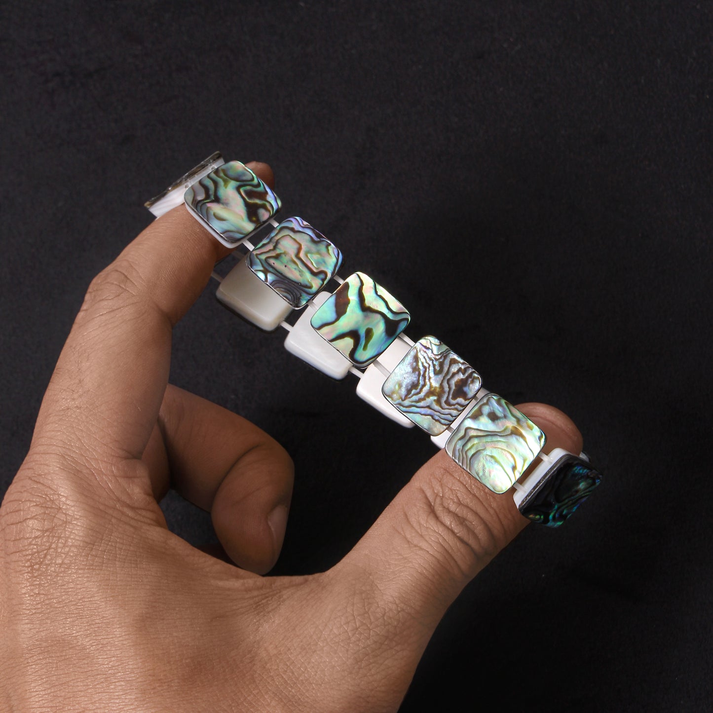 Natural Abalone Shell Square Beaded Bracelet – Handmade Stretch Bracelet for Women & Men, Ocean-Inspired Jewelry