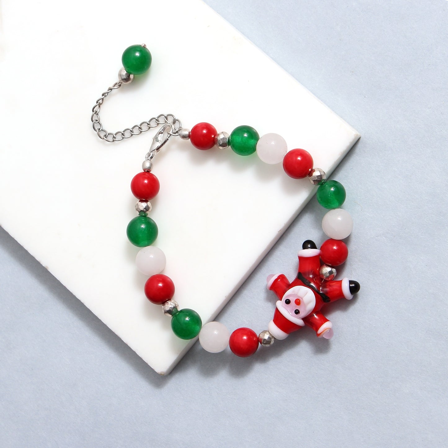 Green Onyx, Coral, and White Moonstone Christmas Bracelet with Santa Charm
