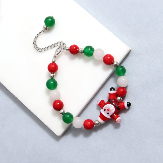 Green Onyx, Coral, and White Moonstone Christmas Bracelet with Santa Charm