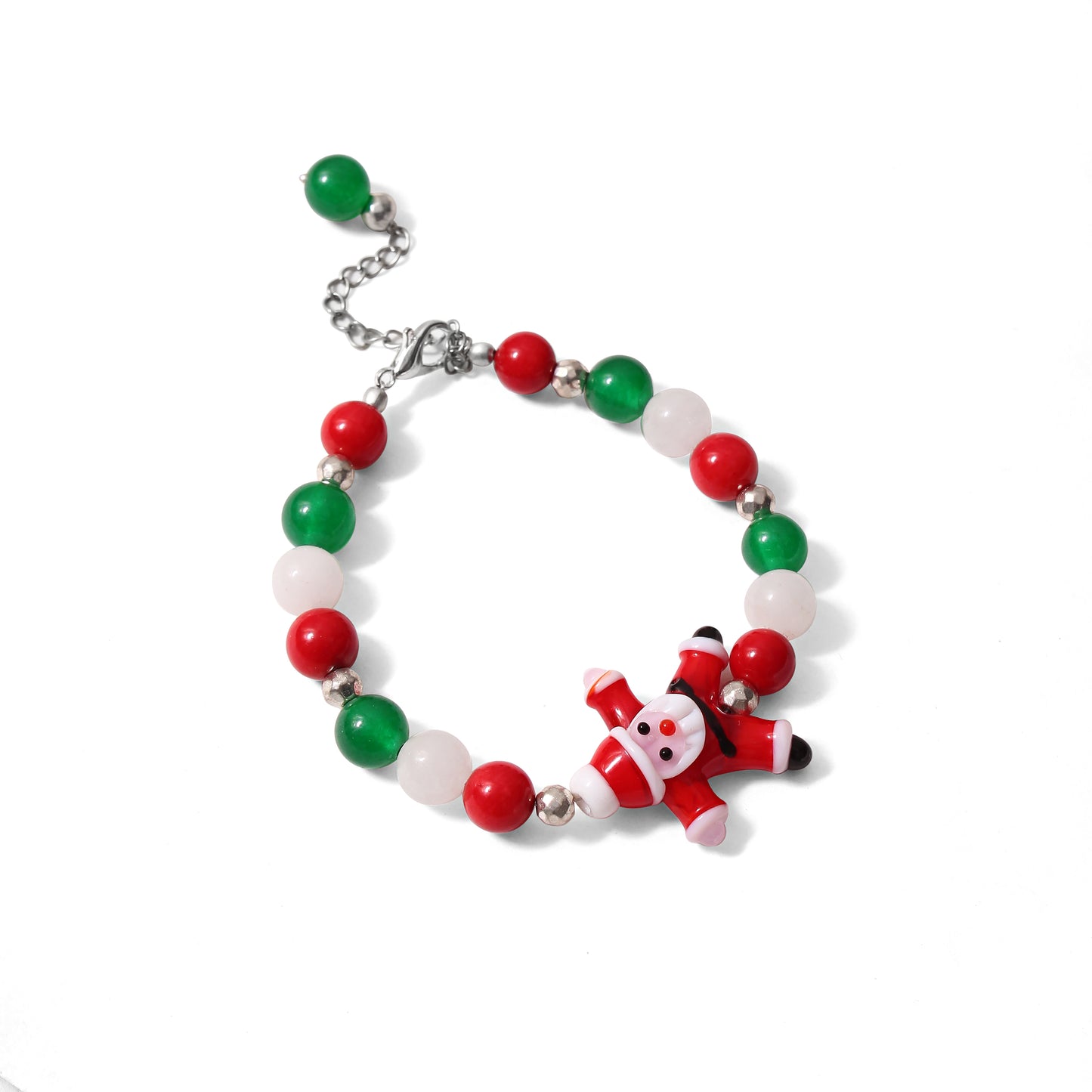 Green Onyx, Coral, and White Moonstone Christmas Bracelet with Santa Charm