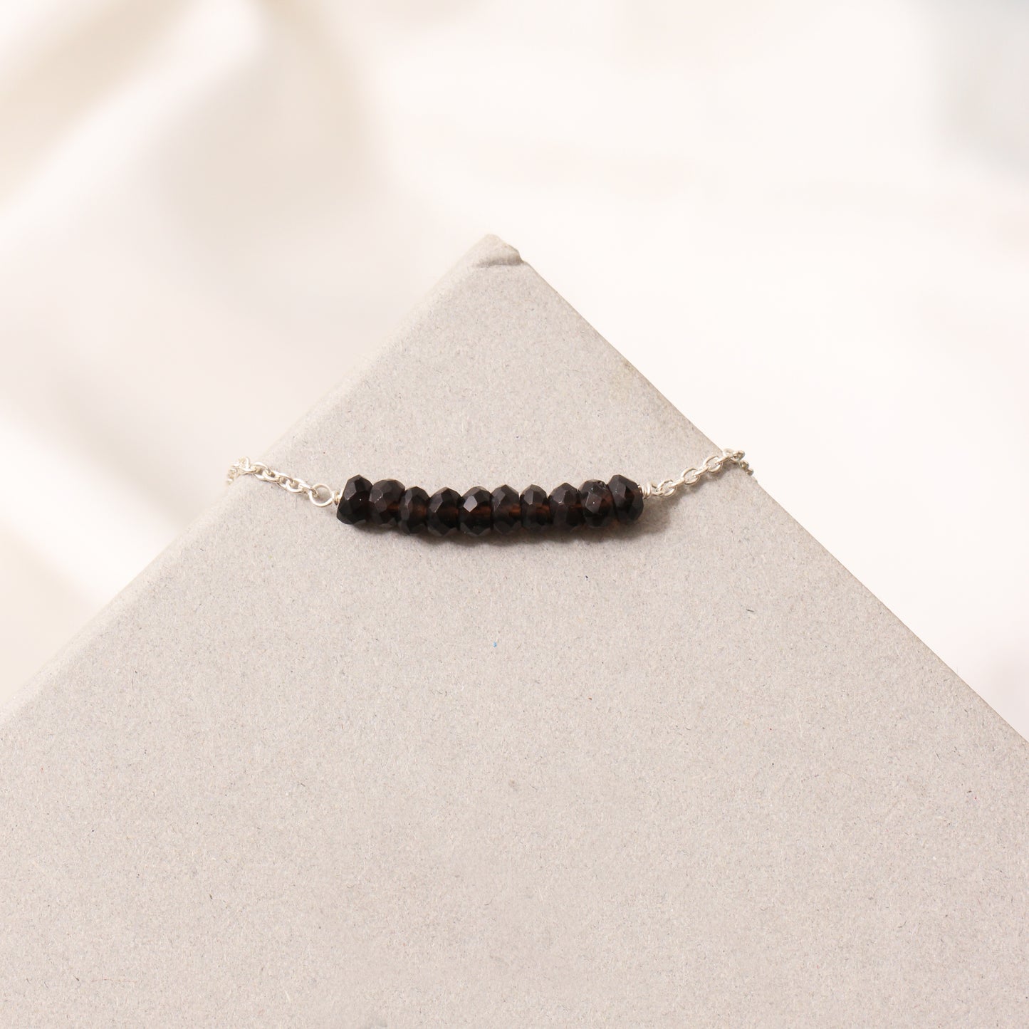 Elegant Smoky Quartz Beaded Silver Chain Bracelet – Grounding Energy & Clarity