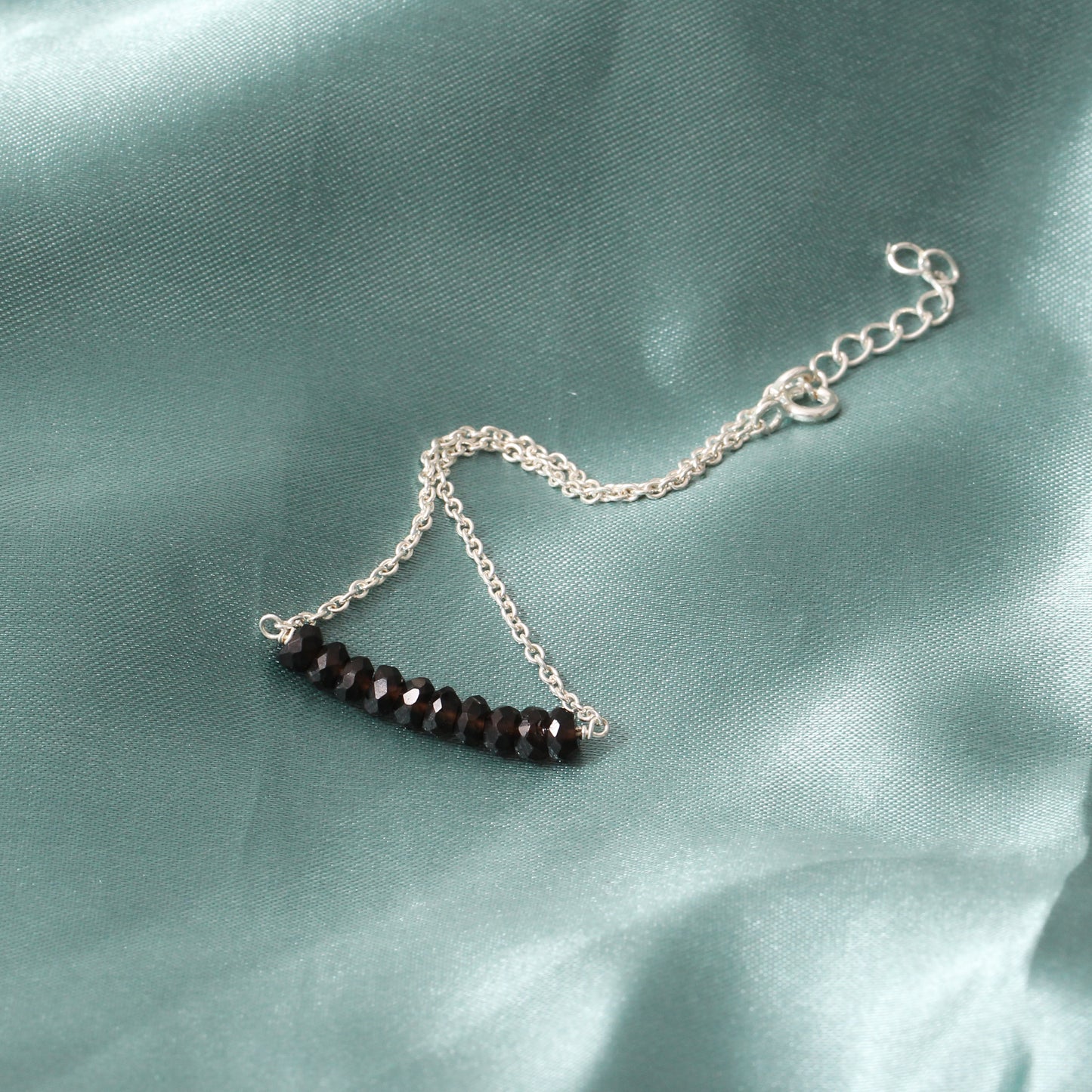 Elegant Smoky Quartz Beaded Silver Chain Bracelet – Grounding Energy & Clarity