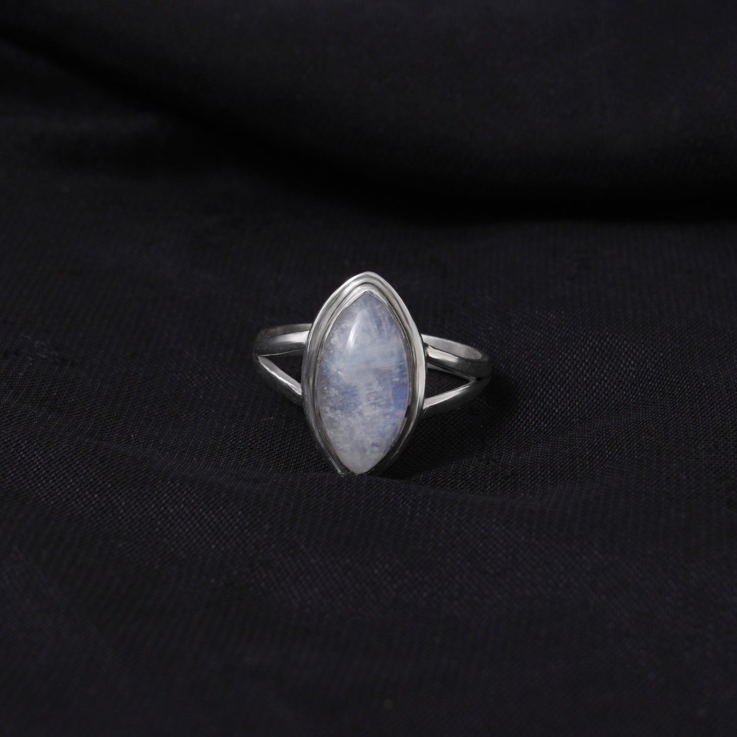 Elegant Blue Flashy Marquise Shape Rainbow Moonstone Sterling Silver Ring – Handmade Gemstone Jewelry for Feminine Energy & Inner Clarity