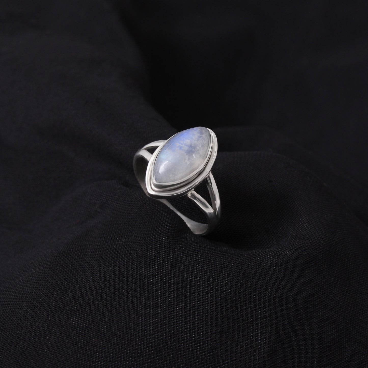 Elegant Blue Flashy Marquise Shape Rainbow Moonstone Sterling Silver Ring – Handmade Gemstone Jewelry for Feminine Energy & Inner Clarity