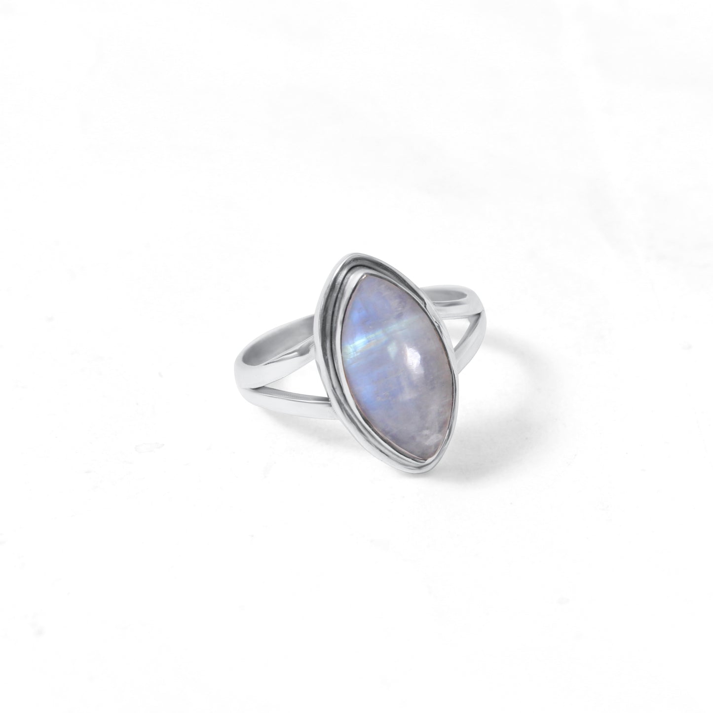 Elegant Blue Flashy Marquise Shape Rainbow Moonstone Sterling Silver Ring – Handmade Gemstone Jewelry for Feminine Energy & Inner Clarity