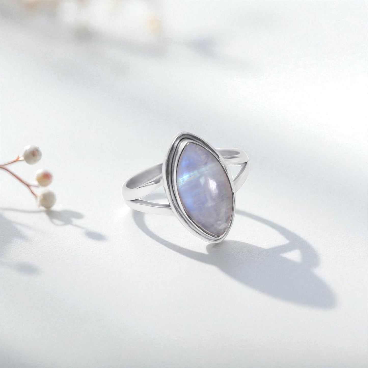 Elegant Blue Flashy Marquise Shape Rainbow Moonstone Sterling Silver Ring – Handmade Gemstone Jewelry for Feminine Energy & Inner Clarity