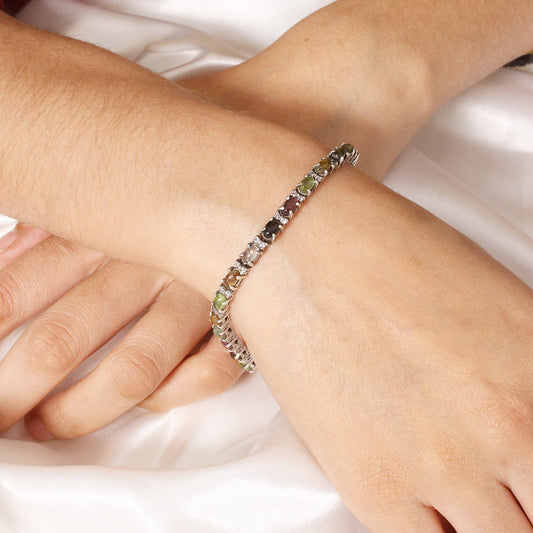 925 Sterling Silver Multi Tourmaline Gemstone Tennis Bracelet – Vibrant Elegance for Every Occasion