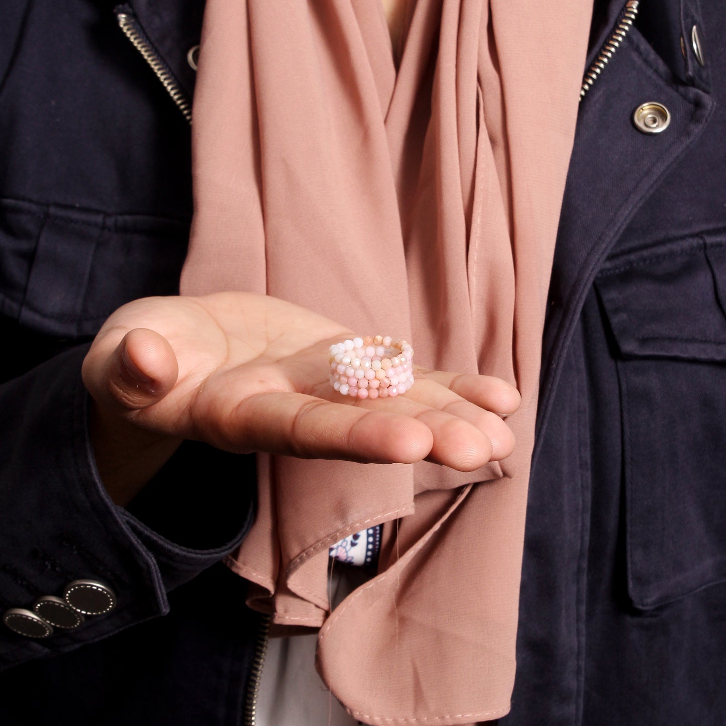 Natural Pink Opal Beaded Gemstone Ring – Handmade Elegant Crystal Band