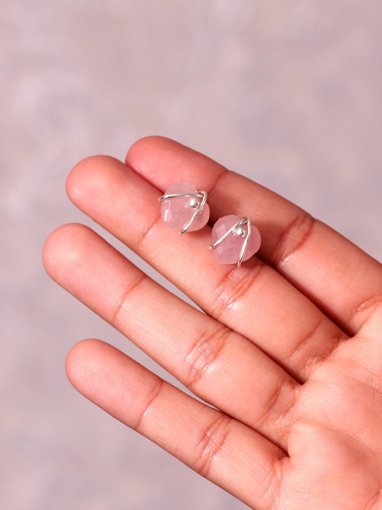 Rose Quartz Heart Shape Stud Earrings – Wire-Wrapped to Amplify Love & Harmony