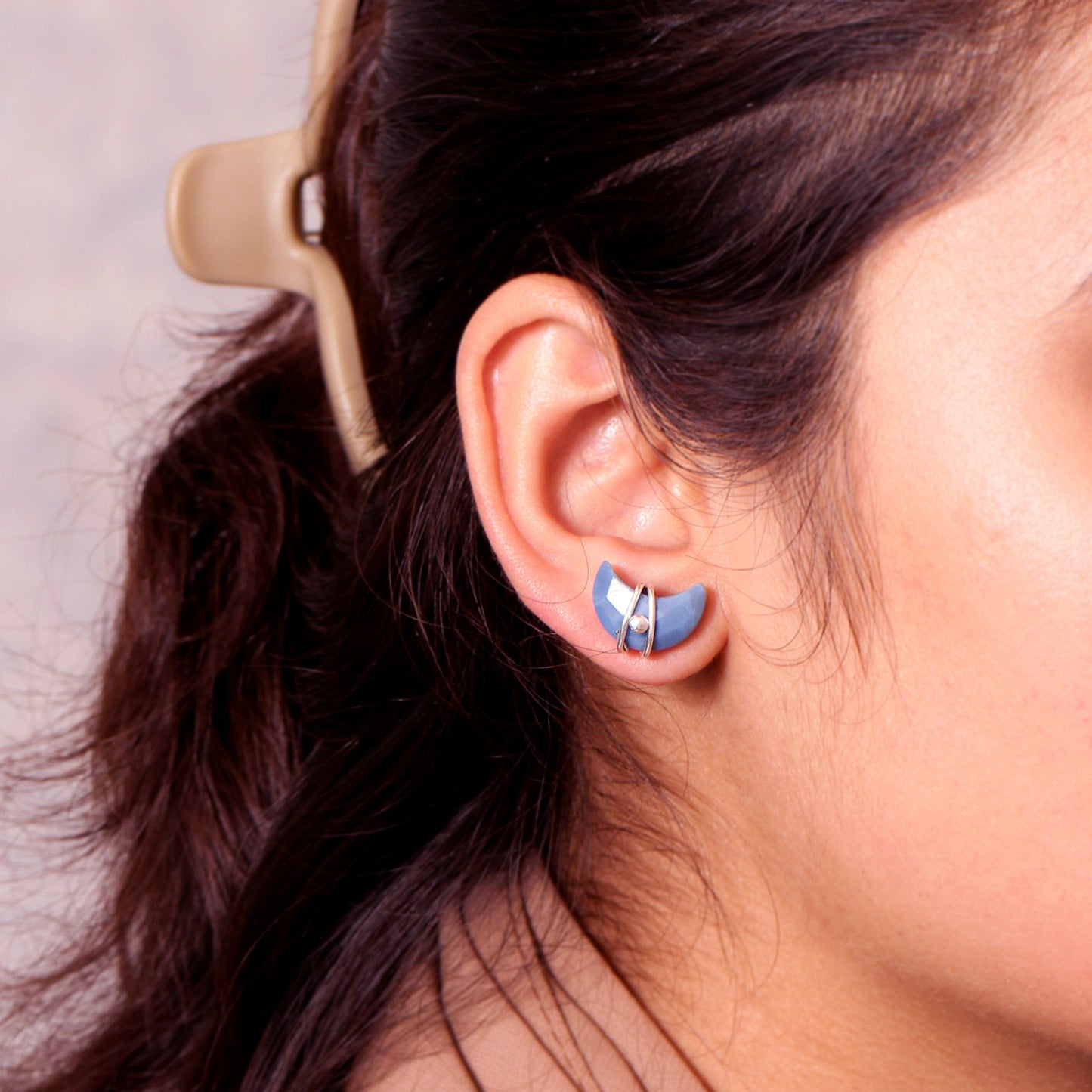 Elegant Blue Opal Crescent Moon Stud Earrings – Wire-Wrapped for Celestial Elegance