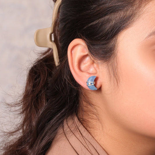 Elegant Blue Opal Crescent Moon Stud Earrings – Wire-Wrapped for Celestial Elegance