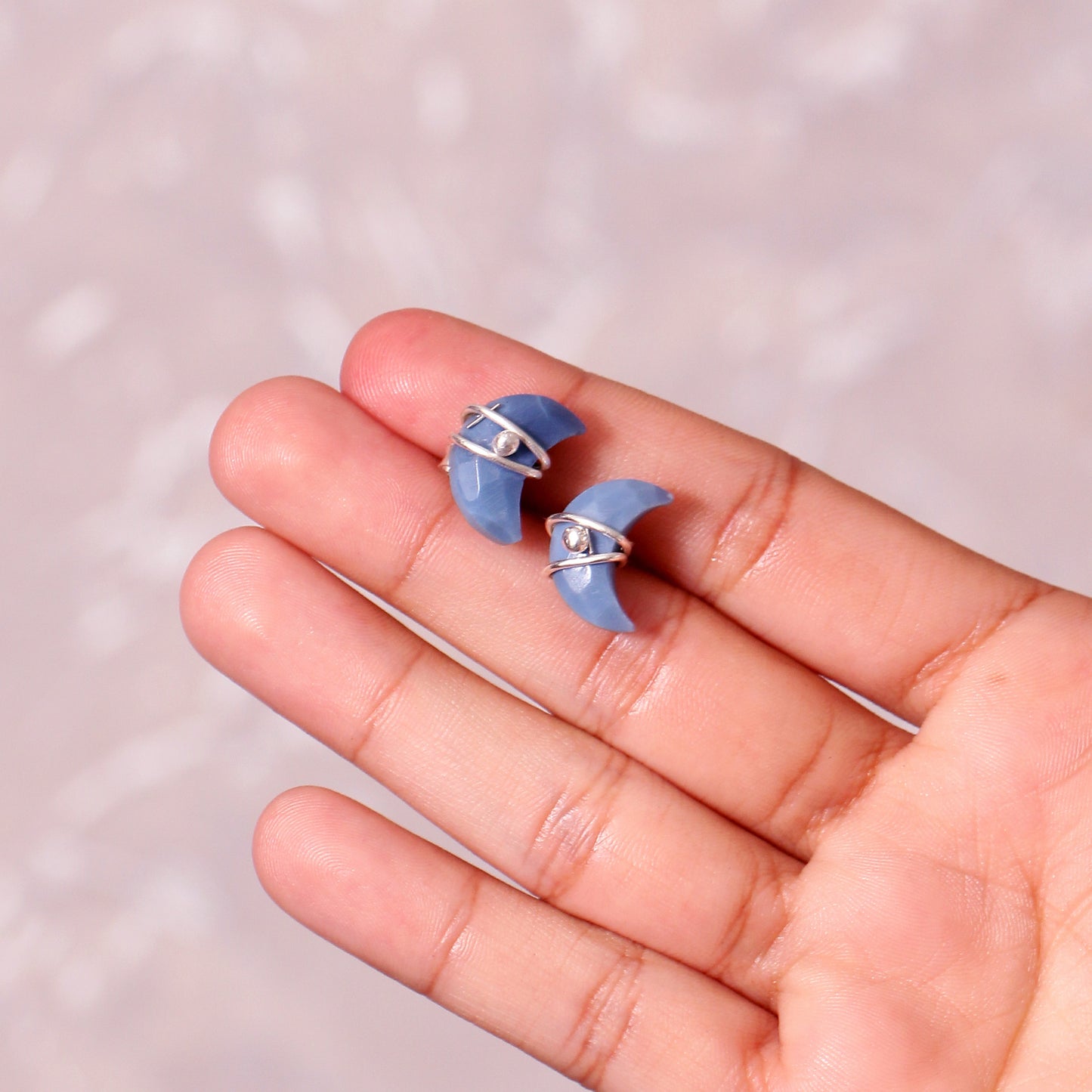 Elegant Blue Opal Crescent Moon Stud Earrings – Wire-Wrapped for Celestial Elegance