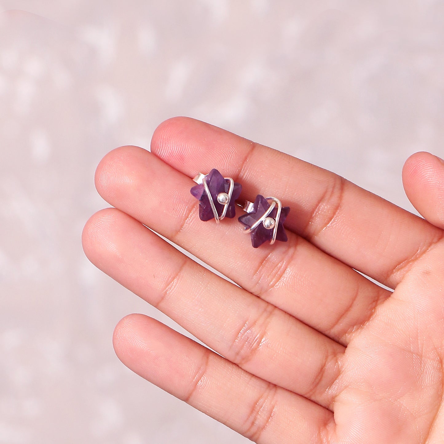 Wire-Wrapped Natural Amethyst Star Stud Earrings – Handcrafted Sterling Silver Jewelry