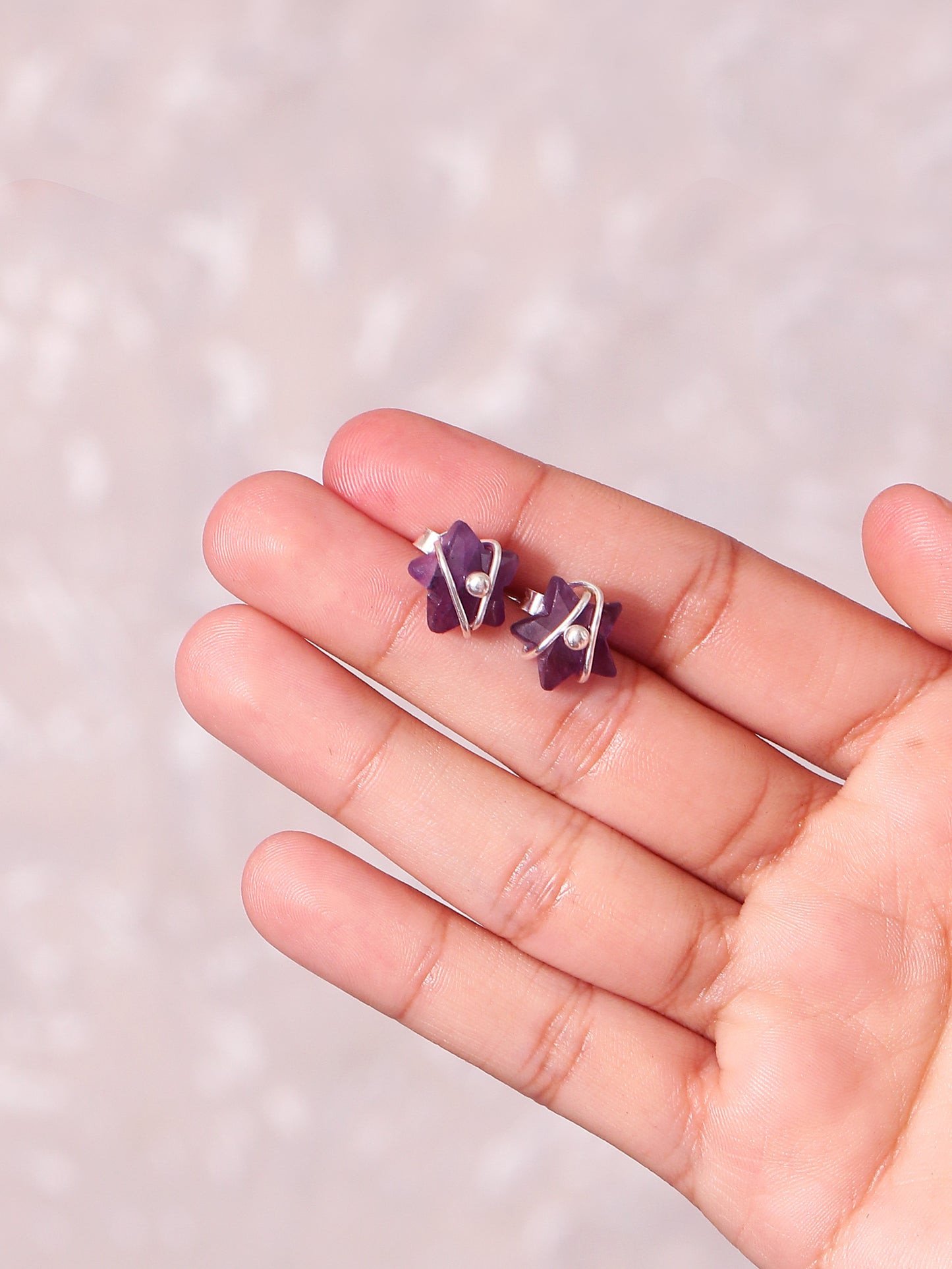 Wire-Wrapped Natural Amethyst Star Stud Earrings – Handcrafted Sterling Silver Jewelry