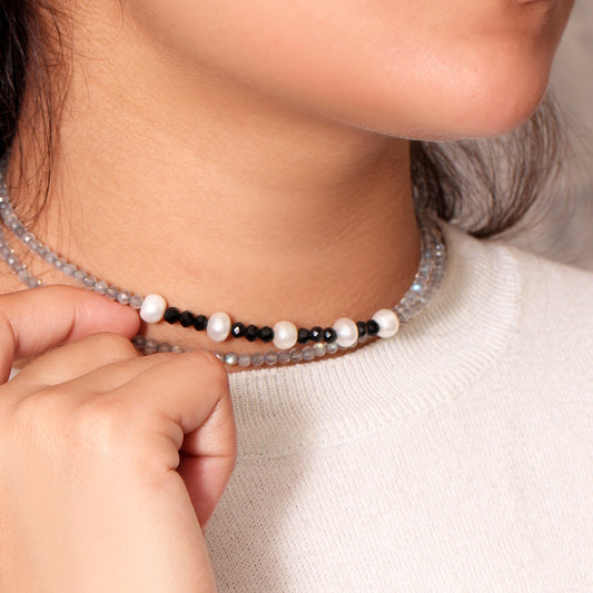 Natural Labradorite, Black Spinel & Pearl Choker Necklace – Elegant Glow & Protection