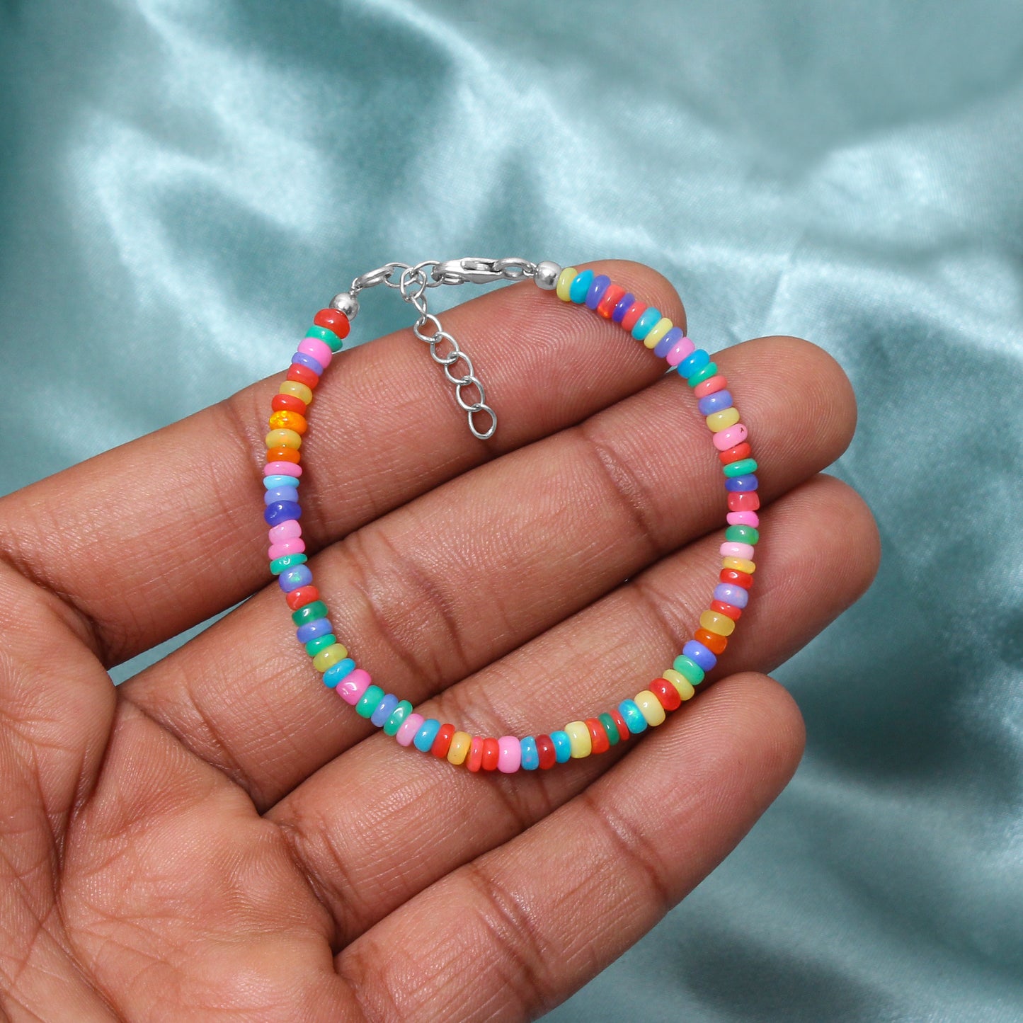 Vibrant Rainbow Color Candy Opal Beaded Bracelet – Colorful Adjustable Handmade Jewelry