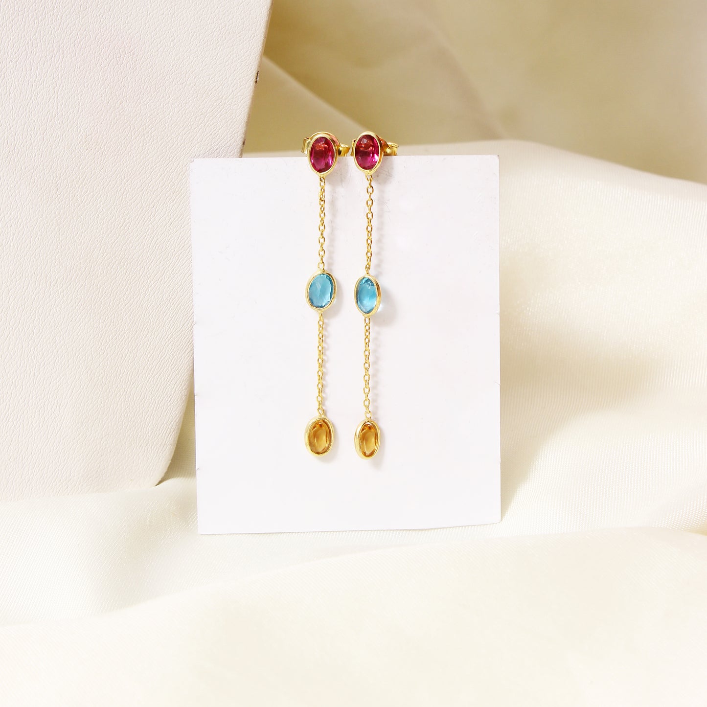 Elegant Natural Citrine, Pink Tourmaline Quartz & Swiss Blue Quartz Drop Earrings – 3-Stone Dangle Earrings