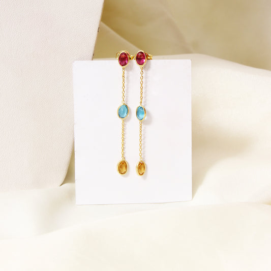 Elegant Natural Citrine, Pink Tourmaline Quartz & Swiss Blue Quartz Drop Earrings – 3-Stone Dangle Earrings