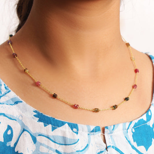 925 Sterling Silver Multi Tourmaline Beaded Chain Necklace – Delicate Multicolor Gemstone Jewelry
