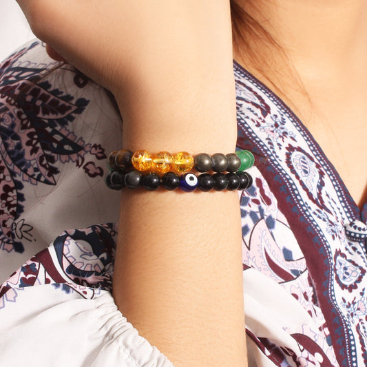 Money Magnet + No Nazar Evil Eye With Black Tourmaline Healing Streachable Bracelet