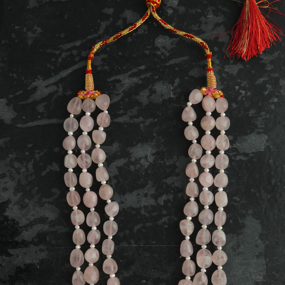 Elegant Triple-Layer Natural Rose Quartz Beaded Necklace – Crystal of Love & Inner Peace