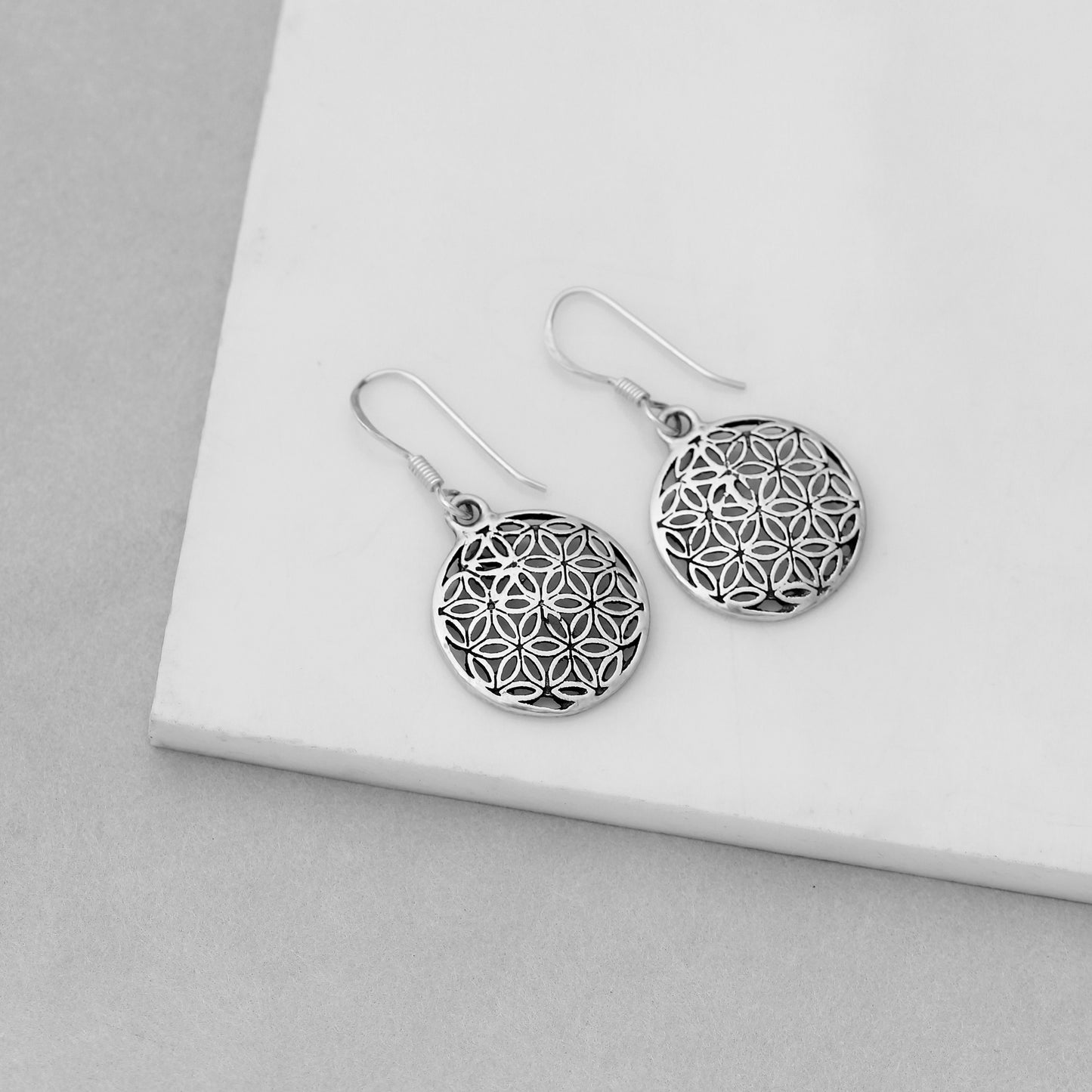 925 Solid Sterling Silver Round Disc Flower Of Life Earring