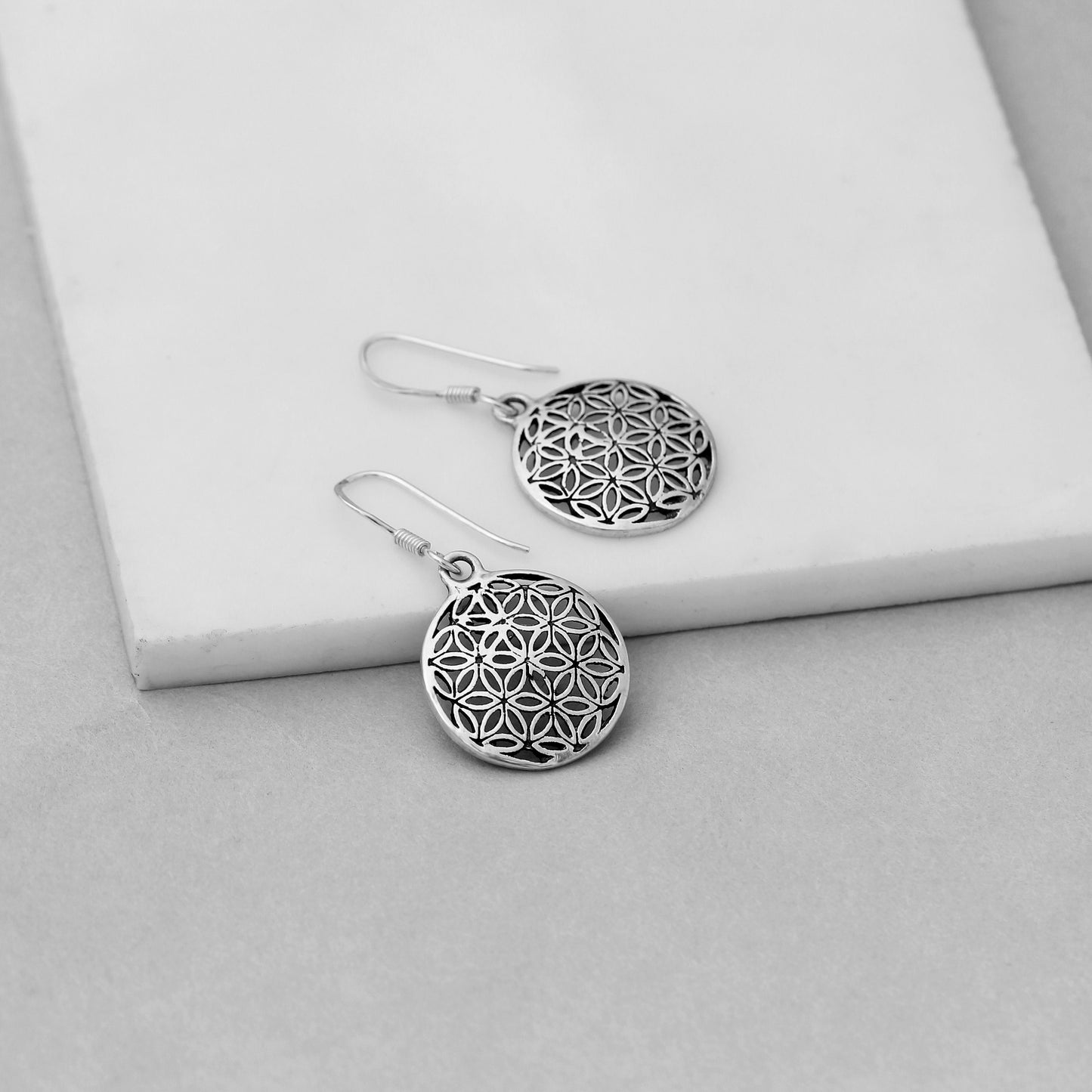 925 Solid Sterling Silver Round Disc Flower Of Life Earring