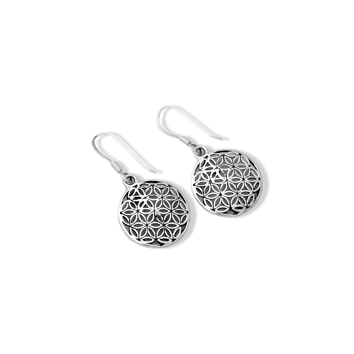 925 Solid Sterling Silver Round Disc Flower Of Life Earring