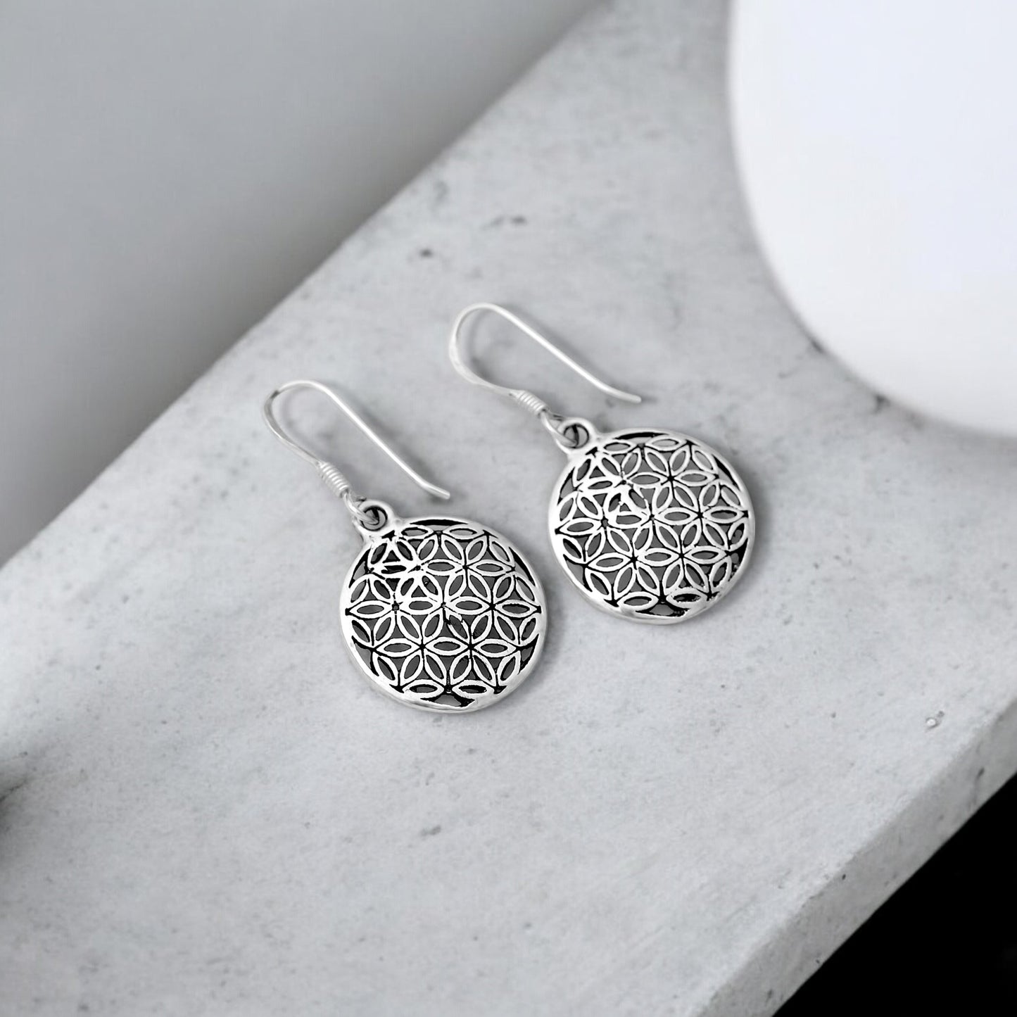 925 Solid Sterling Silver Round Disc Flower Of Life Earring