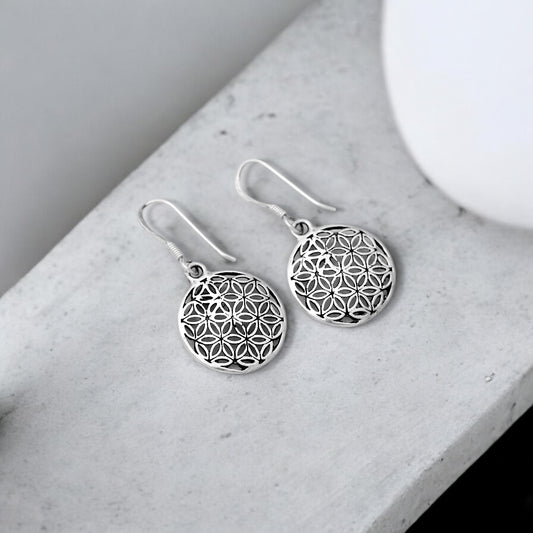 925 Solid Sterling Silver Round Disc Flower Of Life Earring