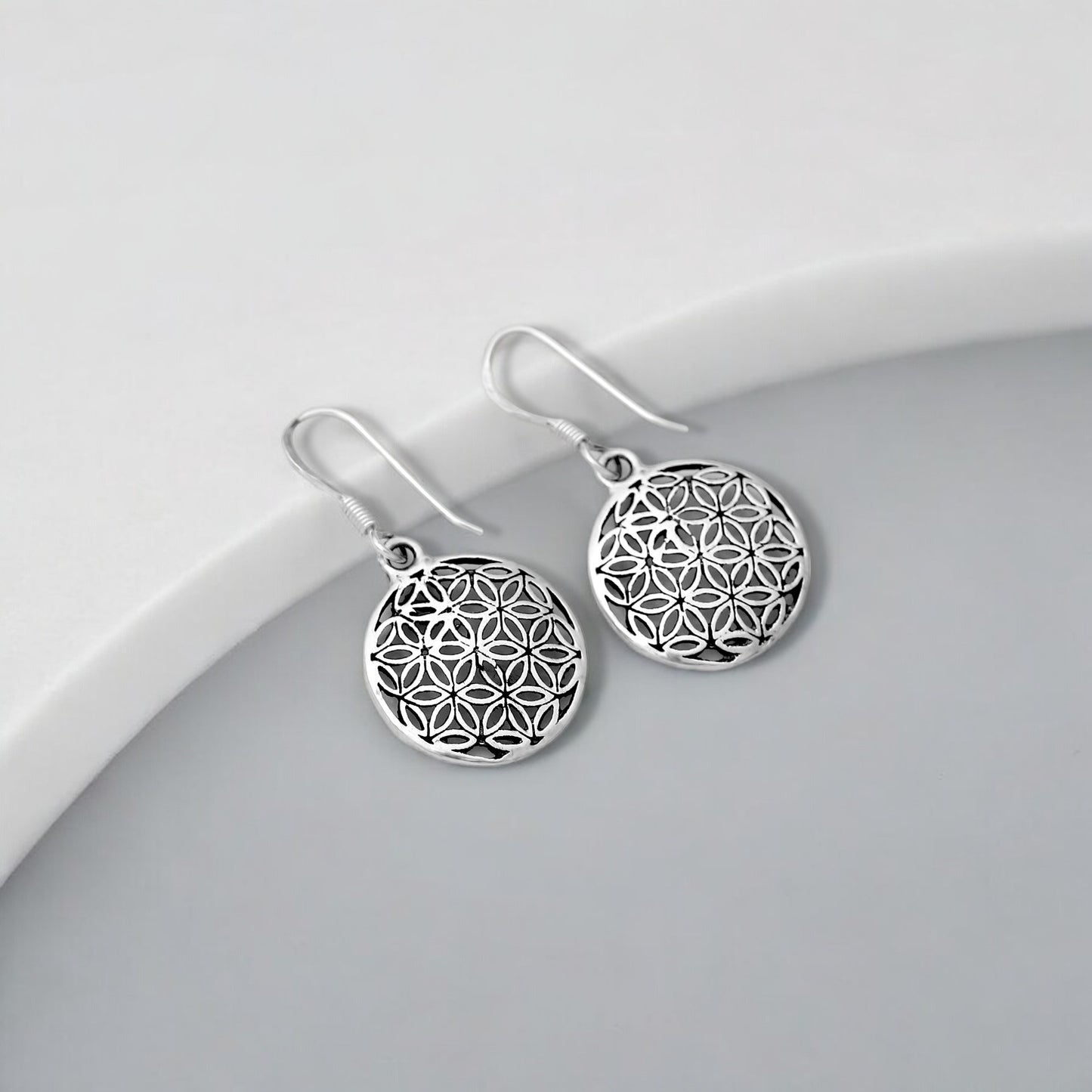 925 Solid Sterling Silver Round Disc Flower Of Life Earring