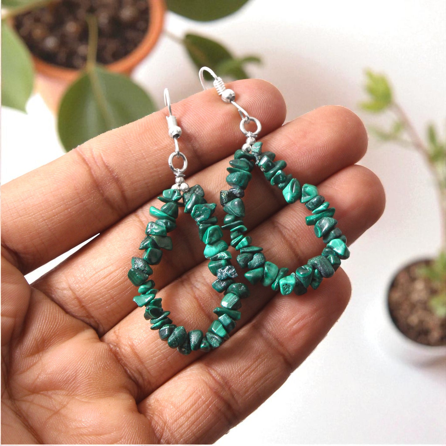 Handmade Natural Malachite Chip Stone Dangle Earrings – Natural Healing Crystal Jewelry