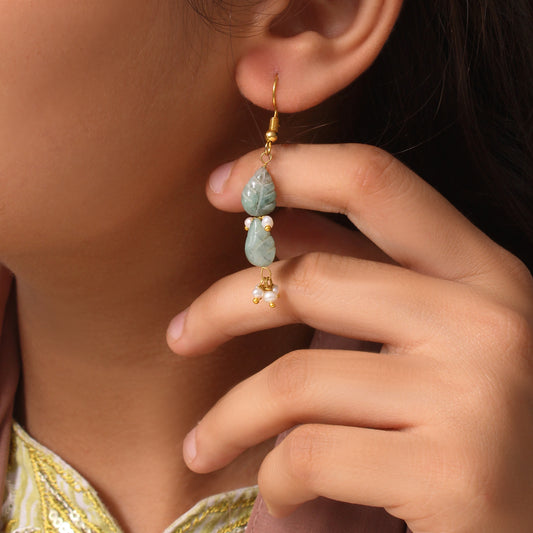 Elegant Natural Emerald & Pearl Leaf Design Dangle Earrings – Gold Plated Handmade Jewelry