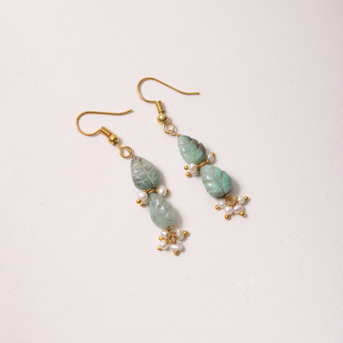 Elegant Natural Emerald & Pearl Leaf Design Dangle Earrings – Gold Plated Handmade Jewelry