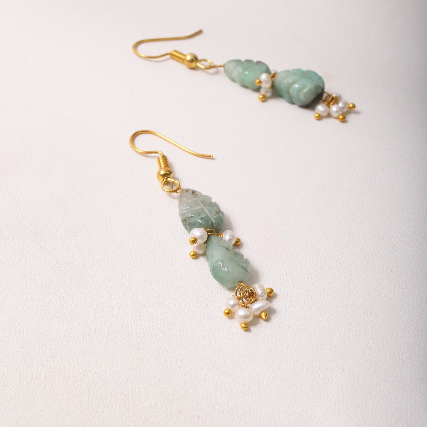 Elegant Natural Emerald & Pearl Leaf Design Dangle Earrings – Gold Plated Handmade Jewelry