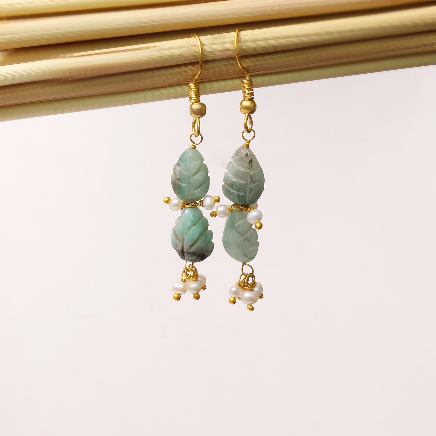 Elegant Natural Emerald & Pearl Leaf Design Dangle Earrings – Gold Plated Handmade Jewelry
