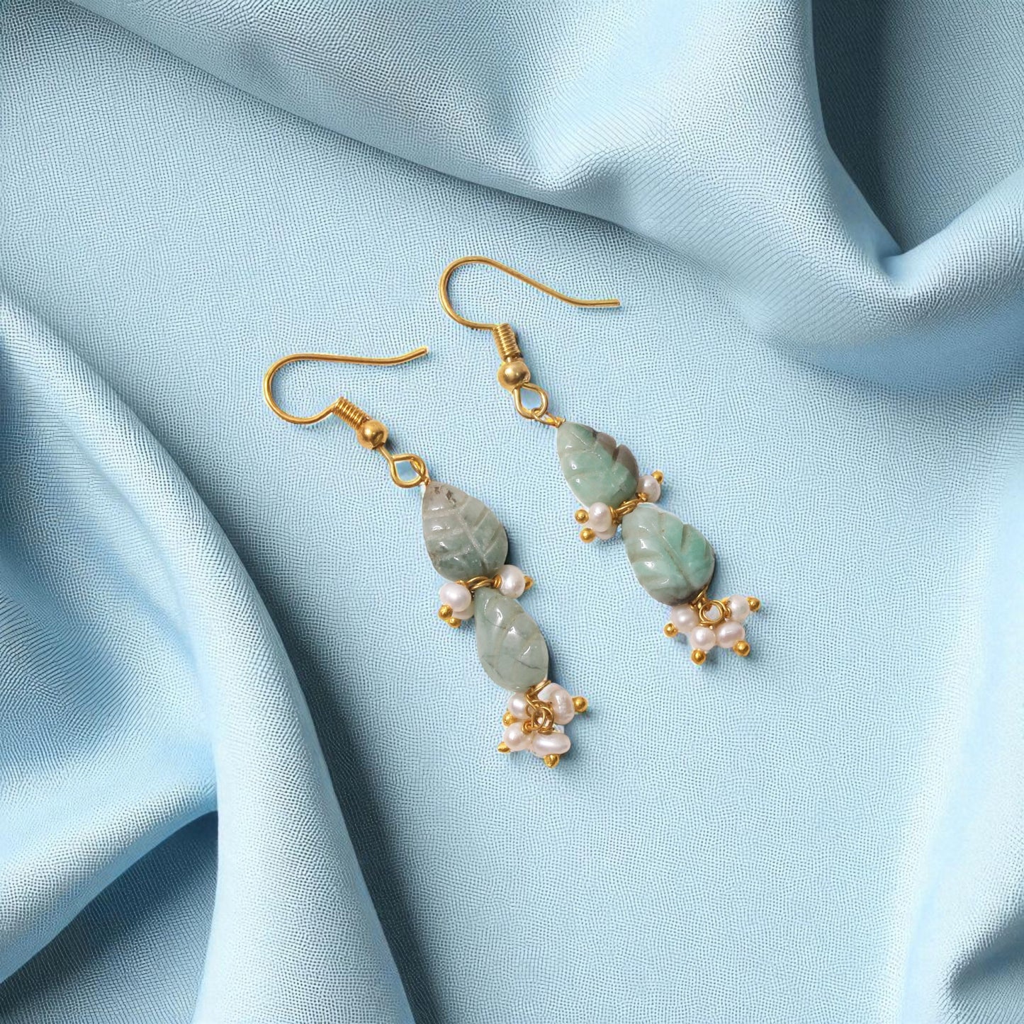 Elegant Natural Emerald & Pearl Leaf Design Dangle Earrings – Gold Plated Handmade Jewelry