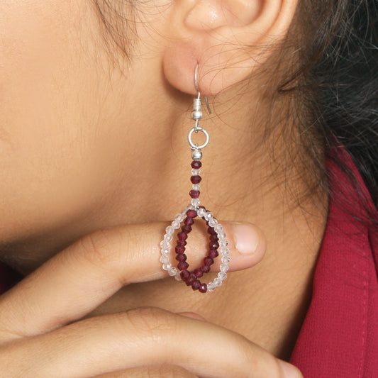 Natural Crystal Quartz & Garnet Beaded Earrings | Handmade Gemstone Drop Earrings for Women