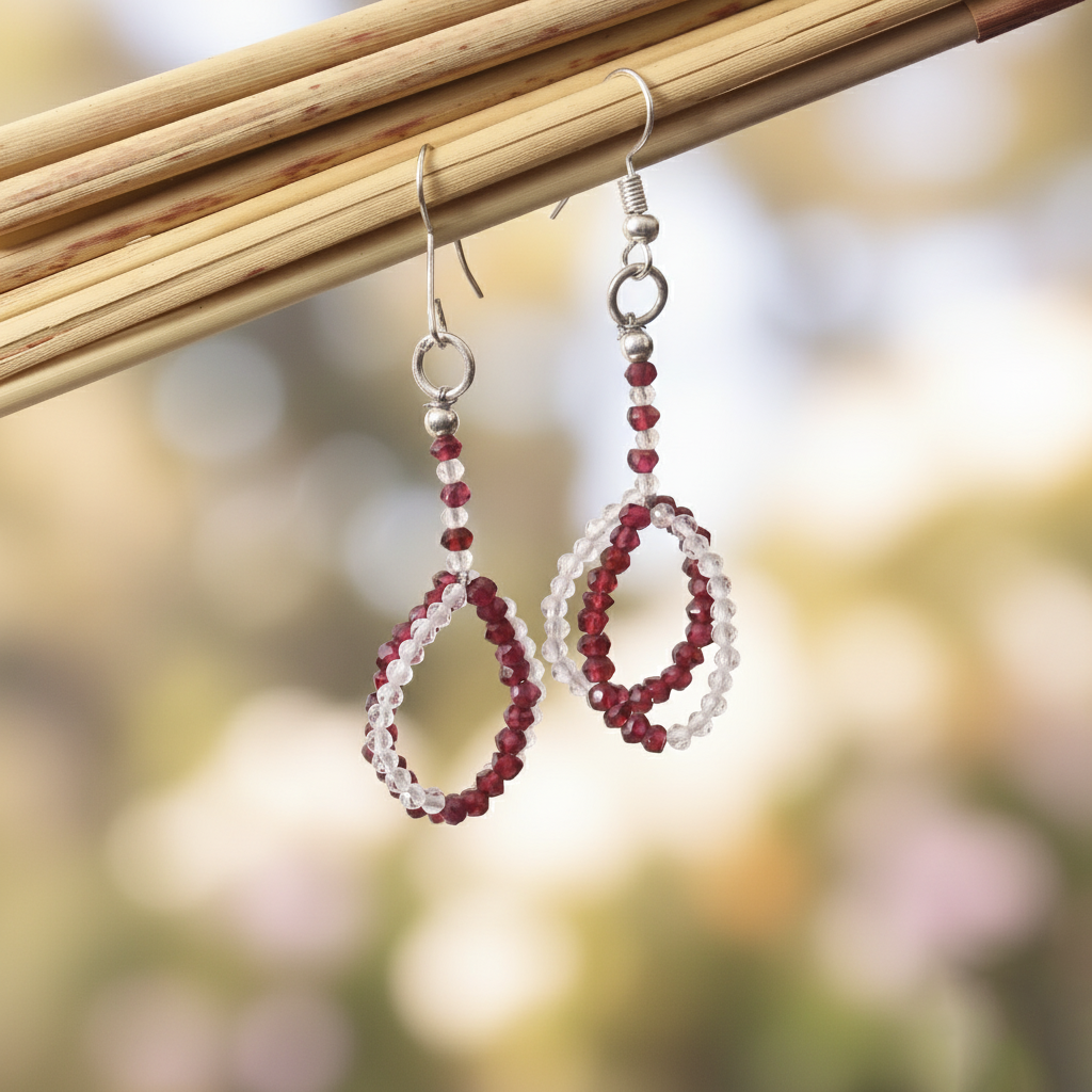 Natural Crystal Quartz & Garnet Beaded Earrings | Handmade Gemstone Drop Earrings for Women