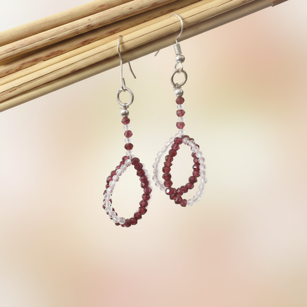 Natural Crystal Quartz & Garnet Beaded Earrings | Handmade Gemstone Drop Earrings for Women