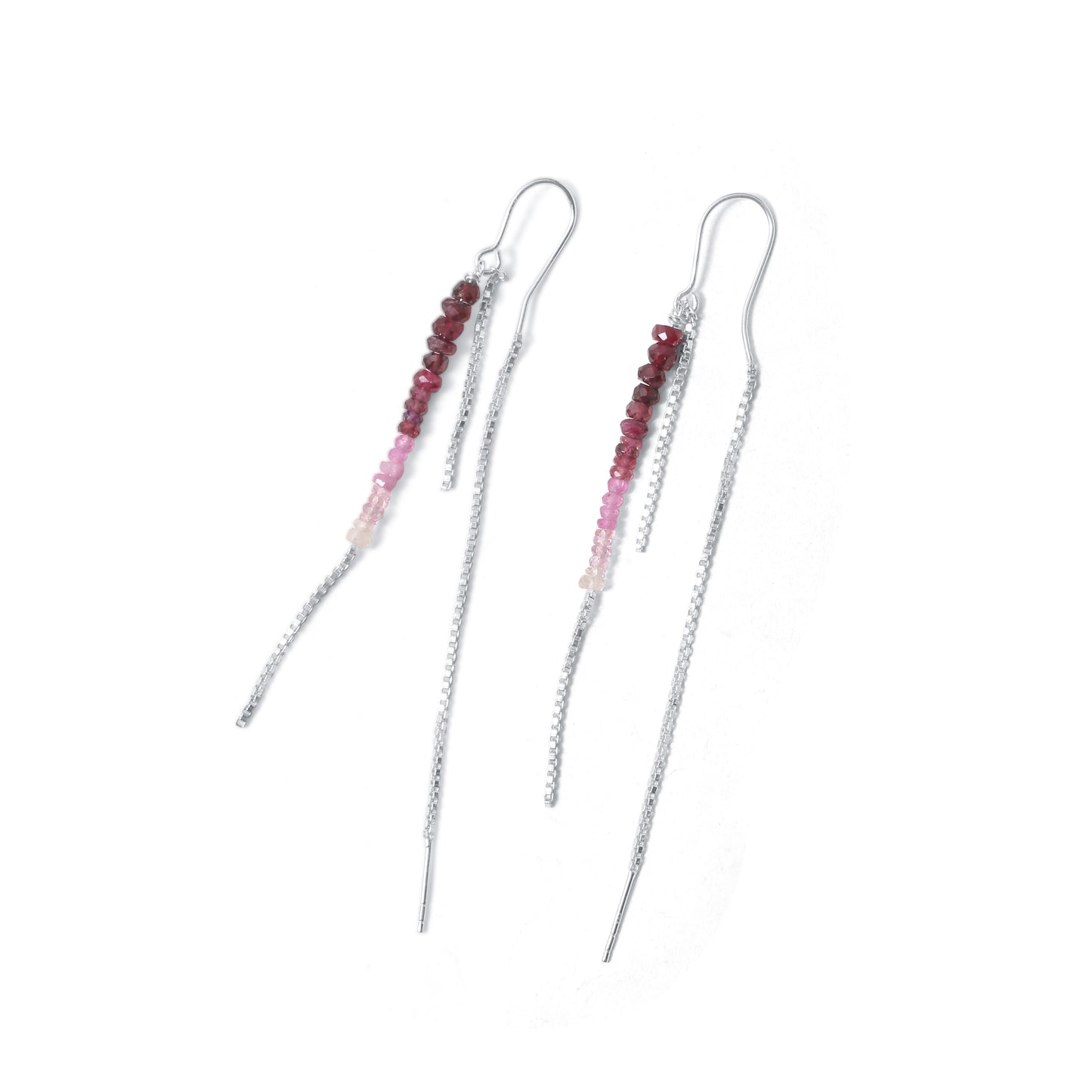 925 Sterling Silver Shaded Pink Ruby Threader Earrings | Ombre Beaded Long Chain Earrings
