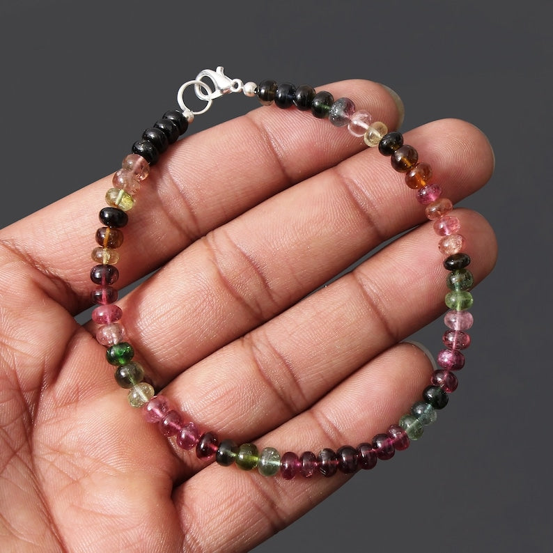 Natural Multi Tourmaline Beaded Bracelet, Smooth Rondelle Beads