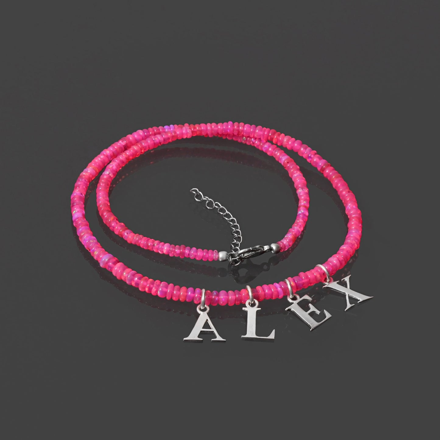 Pink Ethiopian Opal Rondelle Beads Necklace with SIlver Alphabet ALEX name charm